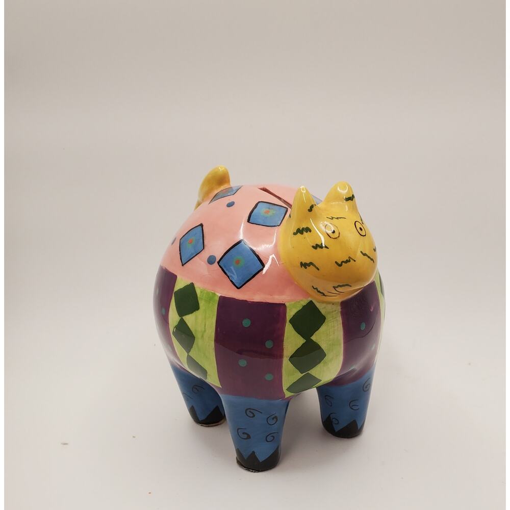 Whimsical, hand-painted ceramic‎ "Fat Cat" piggy bank  Patchwork Colorful Silly